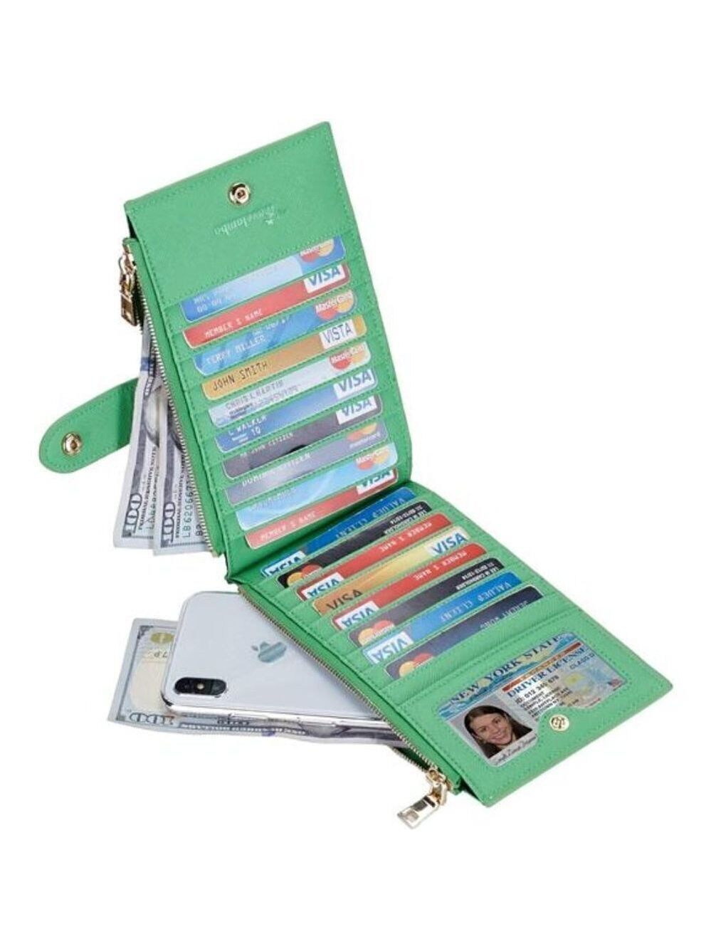 Women's Wallet RFID Blocking Bifold Multi Card Wallet Zipper Pocket Bright Green